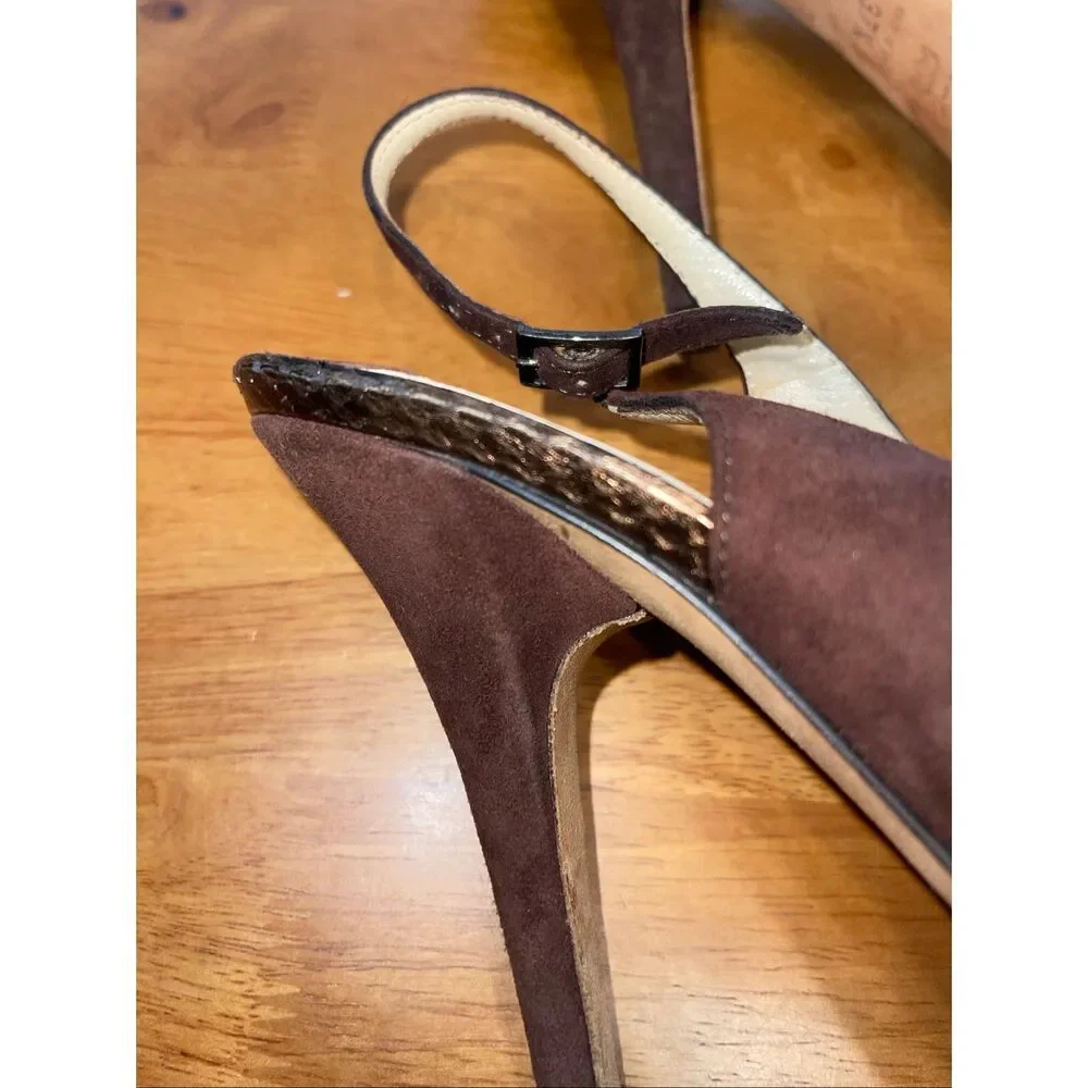 Jimmy‎ Choo Suede Open Toe Pumps Slingback Heels Brown 37.5-7